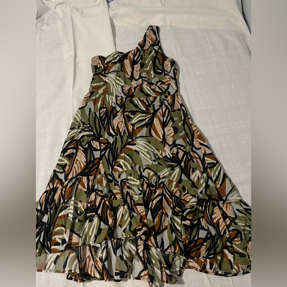 Women’s One-Shoulder Leaf-Print Dress in Olive and Brown